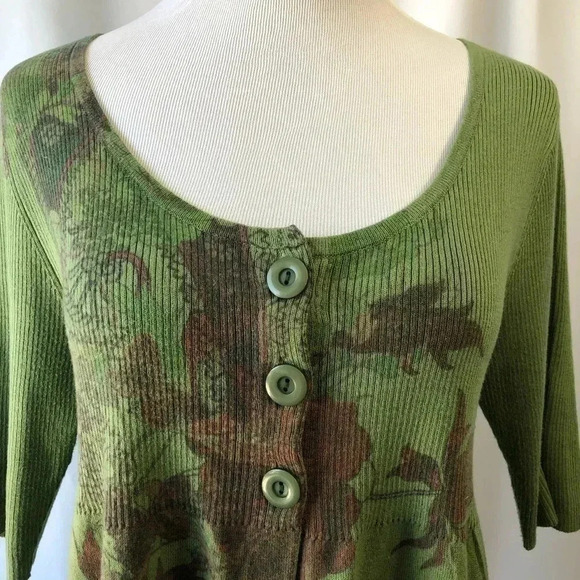 One World Green 3/4 Sleeves Scoop Neck Sweater Lg - Picture 7 of 8